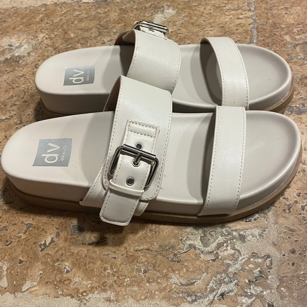 DV Dolce Vita Aggey Ivory White Double Strap Buckle Slide Sandals Womens 7